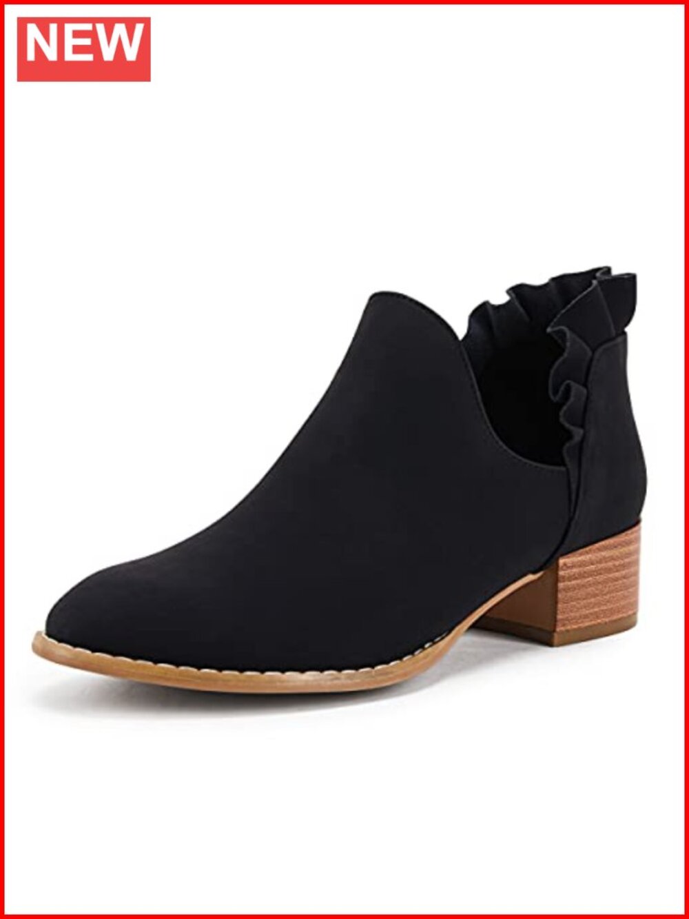 Ruffled Ankle Boots V Cut Out Pointed Toe Chunky Low Heel Western Booties